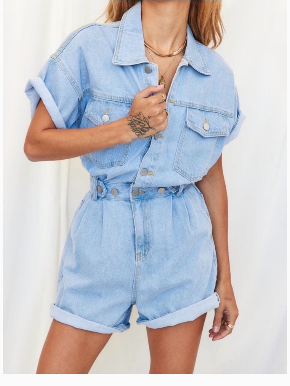 12th Tribe Light Wash Denim Romper - Short Sleeve Button Front- small
